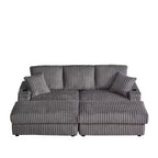 Canapé 3 places en velours côtelé de 213 cm avec 3 coussins de dossier, 2 coussins décoratifs, 2 poufs, 2 espaces de rangement et porte-gobelets