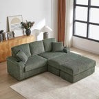 Canapé 3 places en velours côtelé de 213 cm avec 3 coussins de dossier, 2 coussins décoratifs, 2 poufs, 2 espaces de rangement et porte-gobelets