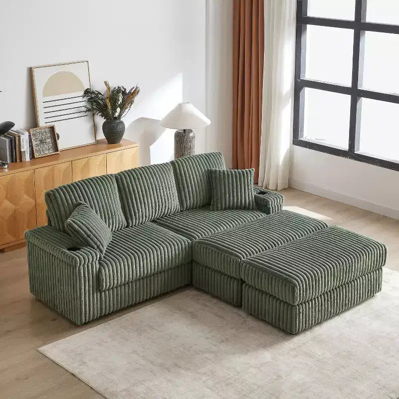 Canapé 3 places en velours côtelé de 213 cm avec 3 coussins de dossier, 2 coussins décoratifs, 2 poufs, 2 espaces de rangement et porte-gobelets