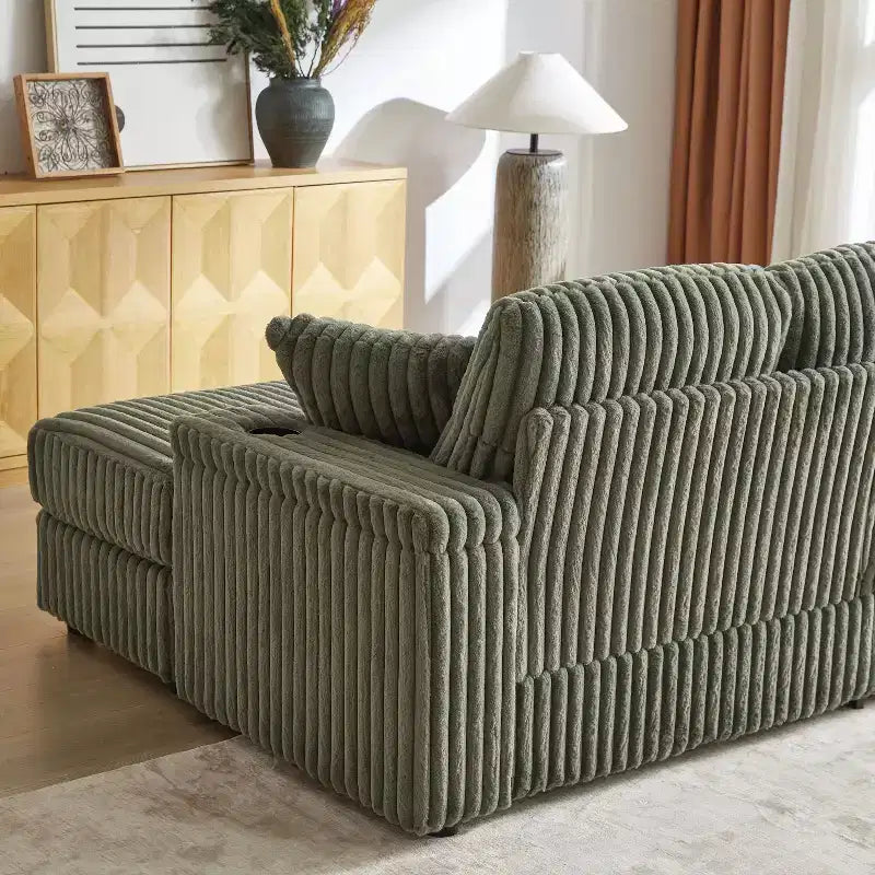 Canapé 3 places en velours côtelé de 213 cm avec 3 coussins de dossier, 2 coussins décoratifs, 2 poufs, 2 espaces de rangement et porte-gobelets