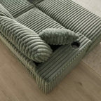 Canapé 3 places en velours côtelé de 213 cm avec 3 coussins de dossier, 2 coussins décoratifs, 2 poufs, 2 espaces de rangement et porte-gobelets