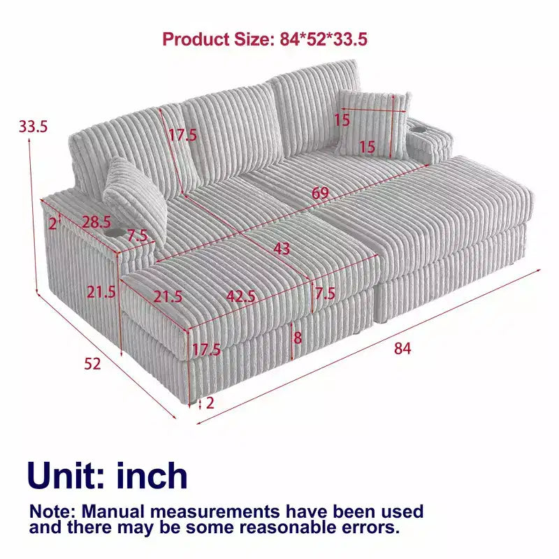 Canapé 3 places en velours côtelé de 213 cm avec 3 coussins de dossier, 2 coussins décoratifs, 2 poufs, 2 espaces de rangement et porte-gobelets