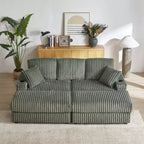 Canapé 3 places en velours côtelé de 213 cm avec 3 coussins de dossier, 2 coussins décoratifs, 2 poufs, 2 espaces de rangement et porte-gobelets