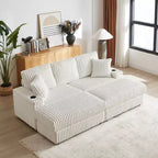 Canapé 3 places en velours côtelé de 213 cm avec 3 coussins de dossier, 2 coussins décoratifs, 2 poufs, 2 espaces de rangement et porte-gobelets