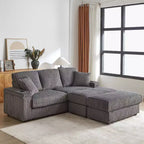 Canapé 3 places en velours côtelé de 213 cm avec 3 coussins de dossier, 2 coussins décoratifs, 2 poufs, 2 espaces de rangement et porte-gobelets