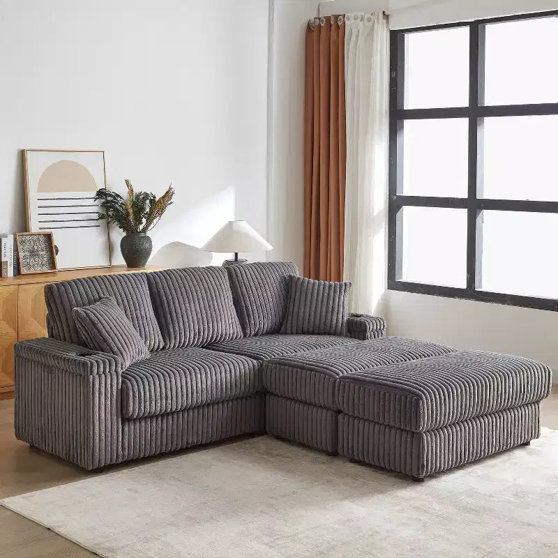 Canapé 3 places en velours côtelé de 213 cm avec 3 coussins de dossier, 2 coussins décoratifs, 2 poufs, 2 espaces de rangement et porte-gobelets
