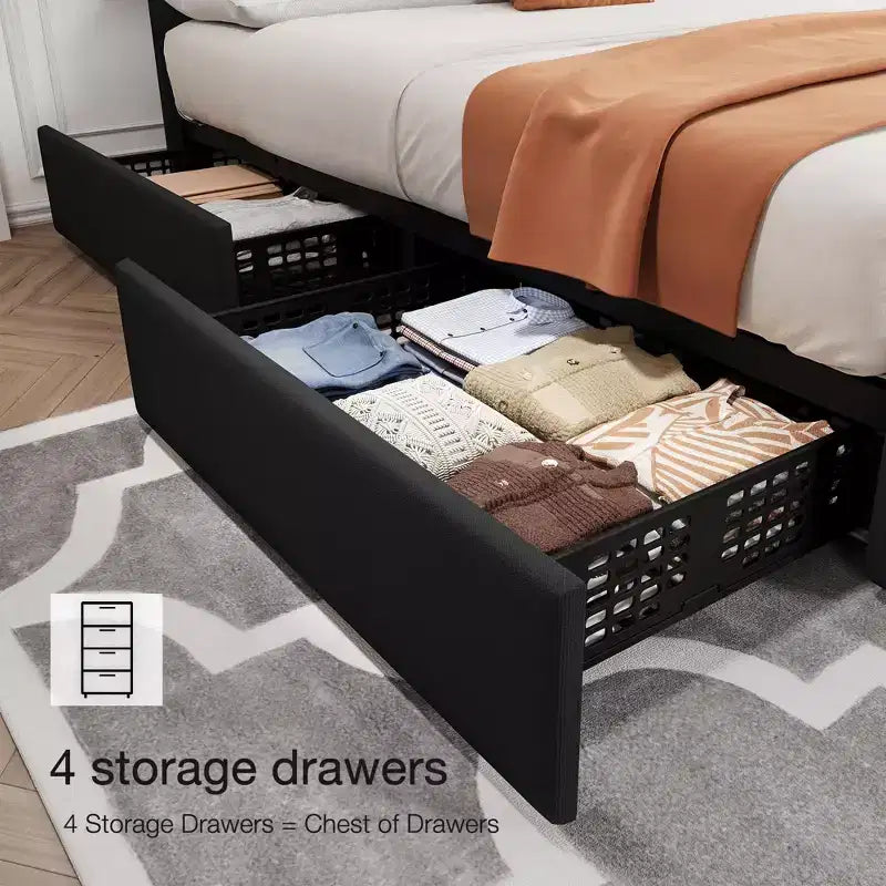 Cadre de lit double Garvee avec 4 tiroirs de rangement et tête de lit, plateforme capitonnée en lin avec support à lattes en bois, pas besoin de sommier tapissier
