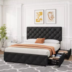 Cadre de lit double Garvee avec 4 tiroirs de rangement et tête de lit, plateforme capitonnée en lin avec support à lattes en bois, pas besoin de sommier tapissier