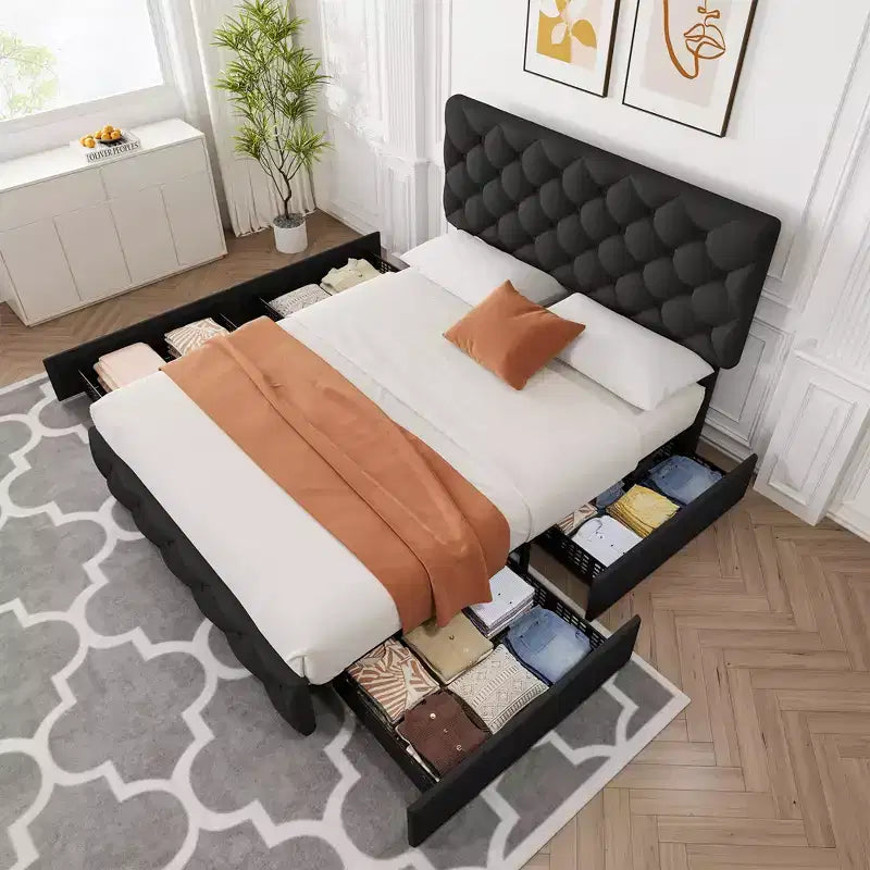Cadre de lit double Garvee avec 4 tiroirs de rangement et tête de lit, plateforme capitonnée en lin avec support à lattes en bois, pas besoin de sommier tapissier