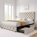 Garvee Full Size Bed Frame with 4 Storage Drawers and Headboard, Linen Upholstered Platform with Wooden Slats Support, No Box Spring Needed