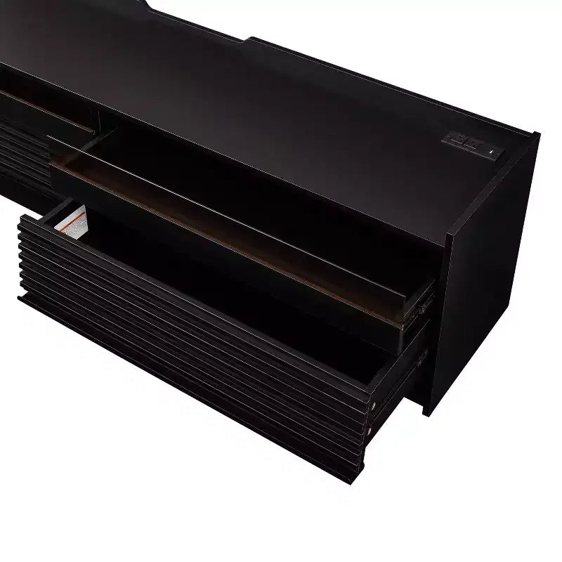 Meuble TV moderne console multimédia avec 4 tiroirs, ports de charge et éclairage d'ambiance LED, Naturel/Noyer/Noir-Christopher Knight Home