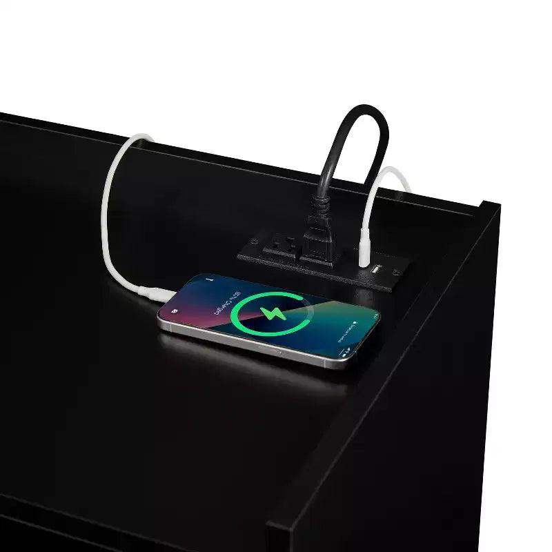 Meuble TV moderne console multimédia avec 4 tiroirs, ports de charge et éclairage d'ambiance LED, Naturel/Noyer/Noir-Christopher Knight Home