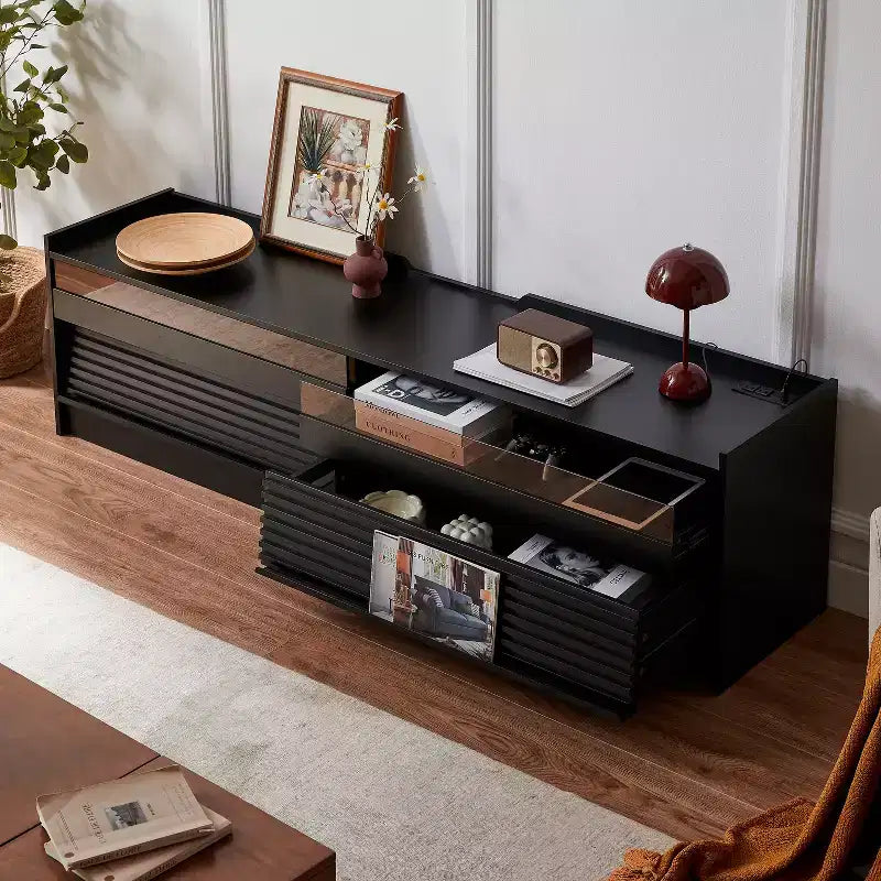 Meuble TV moderne console multimédia avec 4 tiroirs, ports de charge et éclairage d'ambiance LED, Naturel/Noyer/Noir-Christopher Knight Home