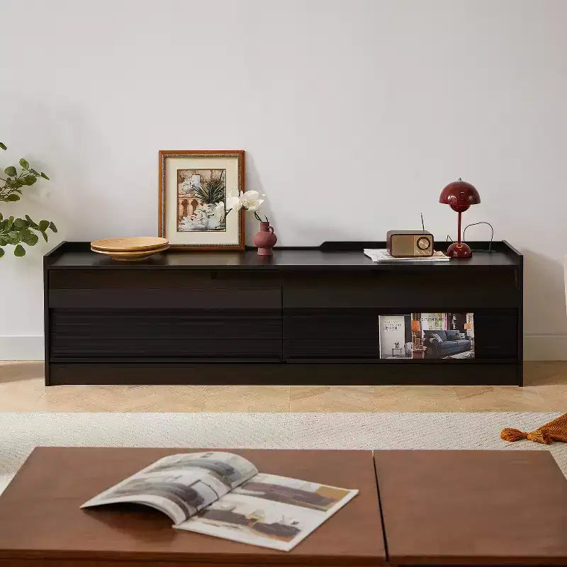Meuble TV moderne console multimédia avec 4 tiroirs, ports de charge et éclairage d'ambiance LED, Naturel/Noyer/Noir-Christopher Knight Home