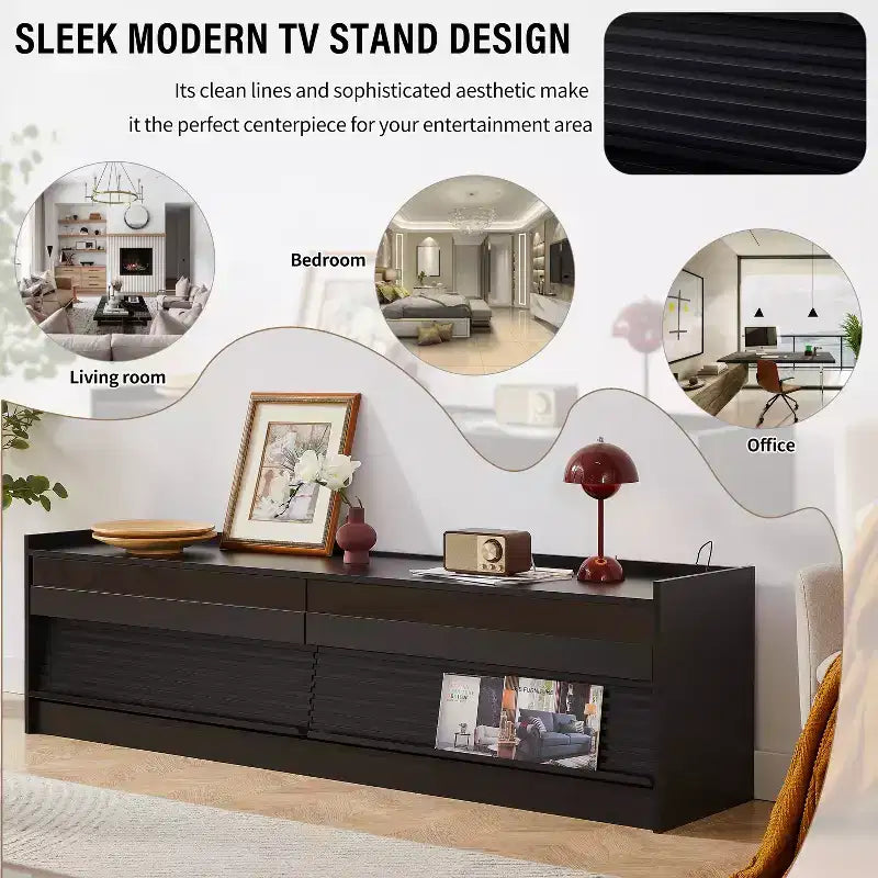 Meuble TV moderne console multimédia avec 4 tiroirs, ports de charge et éclairage d'ambiance LED, Naturel/Noyer/Noir-Christopher Knight Home