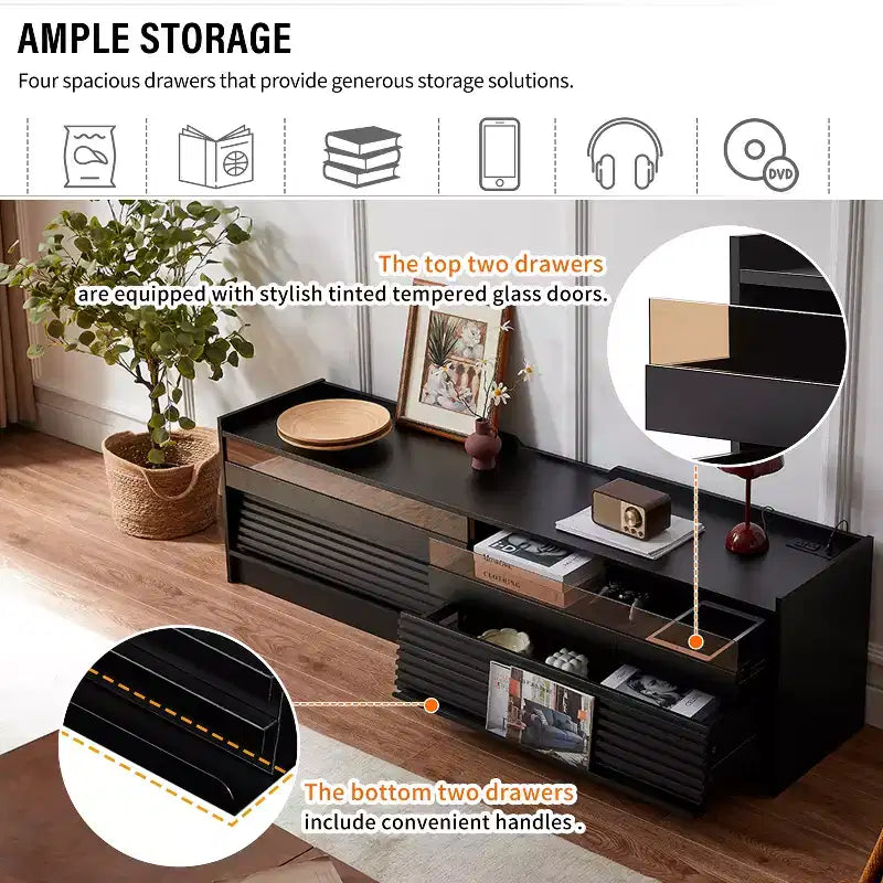 Meuble TV moderne console multimédia avec 4 tiroirs, ports de charge et éclairage d'ambiance LED, Naturel/Noyer/Noir-Christopher Knight Home