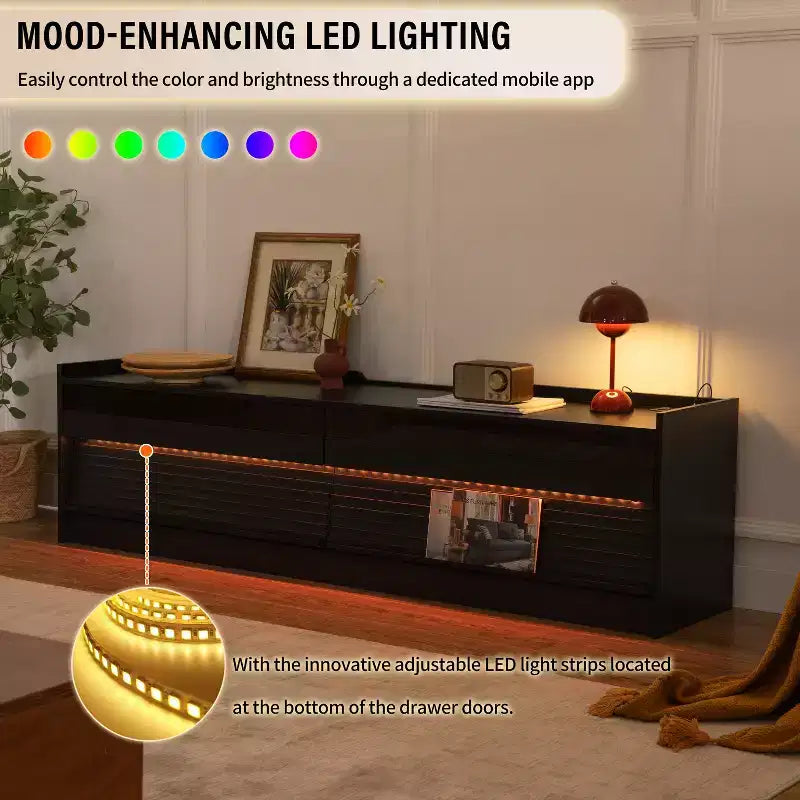 Meuble TV moderne console multimédia avec 4 tiroirs, ports de charge et éclairage d'ambiance LED, Naturel/Noyer/Noir-Christopher Knight Home