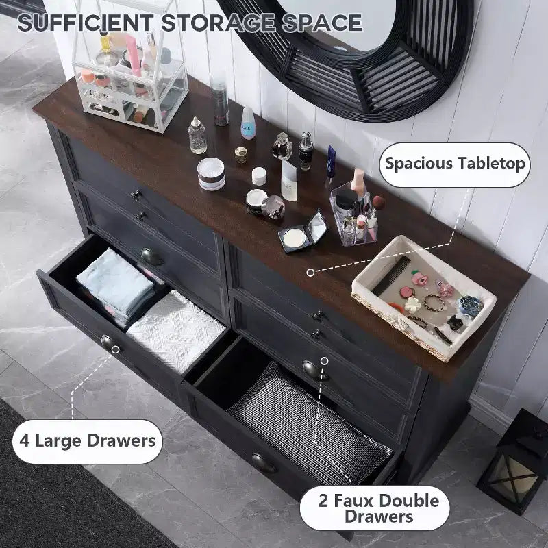 SinCiDo Commode de Ferme avec 6 Tiroirs, Commode Verticale Large de 58", Organisateur de Placard à Tiroirs, 2 Tailles de Tiroirs Différentes pour Salon