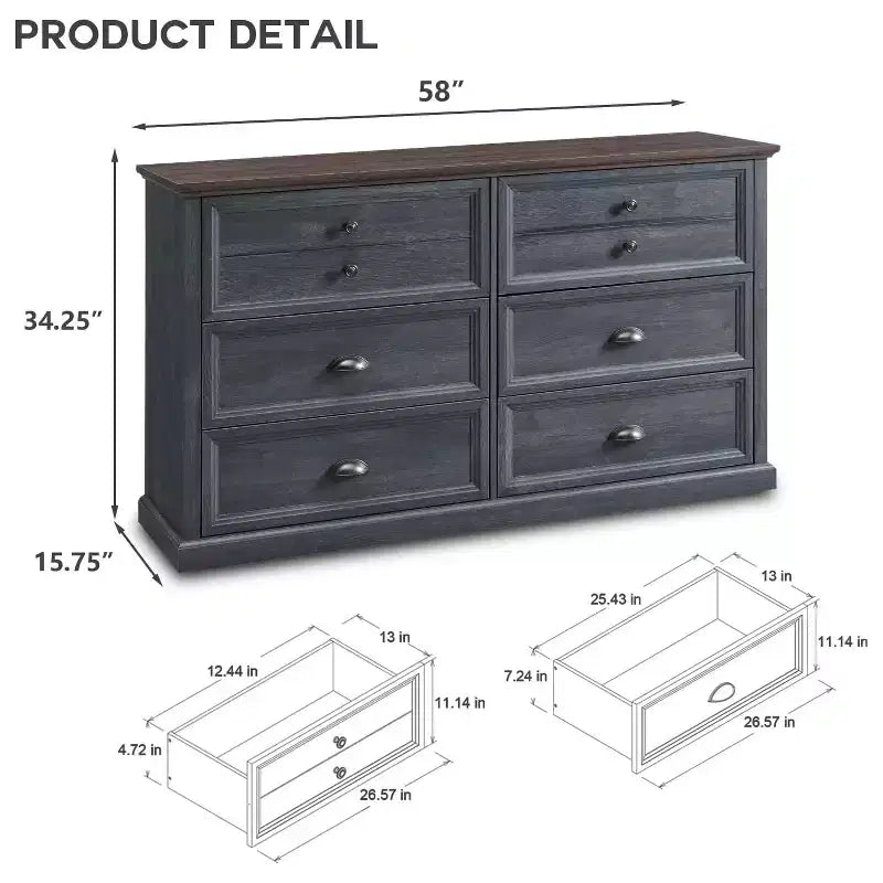 SinCiDo Commode de Ferme avec 6 Tiroirs, Commode Verticale Large de 58", Organisateur de Placard à Tiroirs, 2 Tailles de Tiroirs Différentes pour Salon