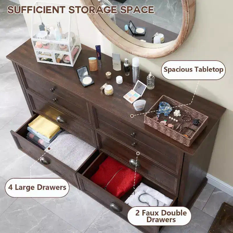 SinCiDo Commode de Ferme avec 6 Tiroirs, Commode Verticale Large de 58", Organisateur de Placard à Tiroirs, 2 Tailles de Tiroirs Différentes pour Salon