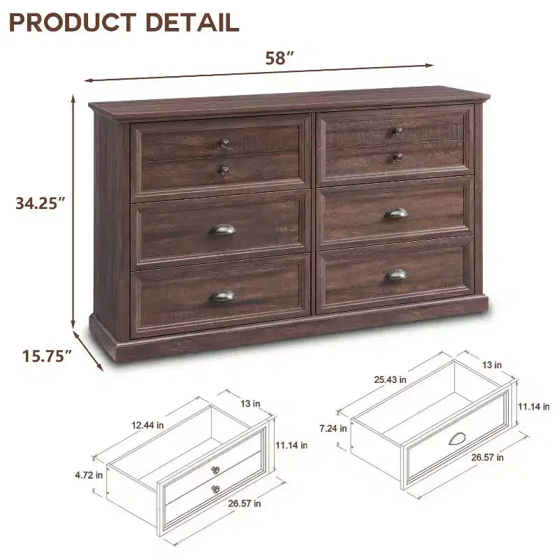 SinCiDo Commode de Ferme avec 6 Tiroirs, Commode Verticale Large de 58", Organisateur de Placard à Tiroirs, 2 Tailles de Tiroirs Différentes pour Salon