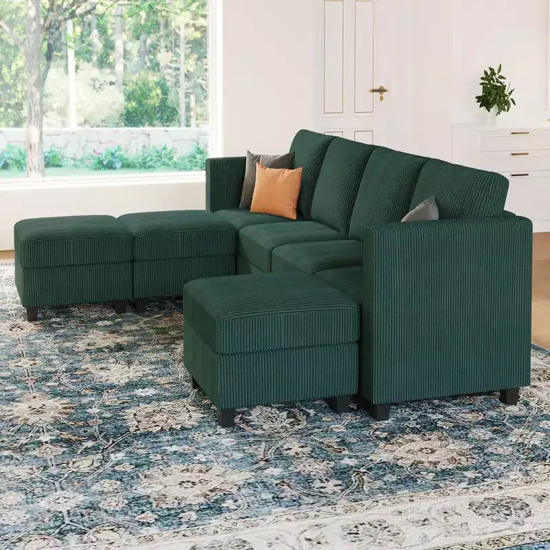 Canapé modulable Belffin avec pouf de rangement en forme de U en velours côtelé, canapé sectionnel moderne convertible avec méridienne