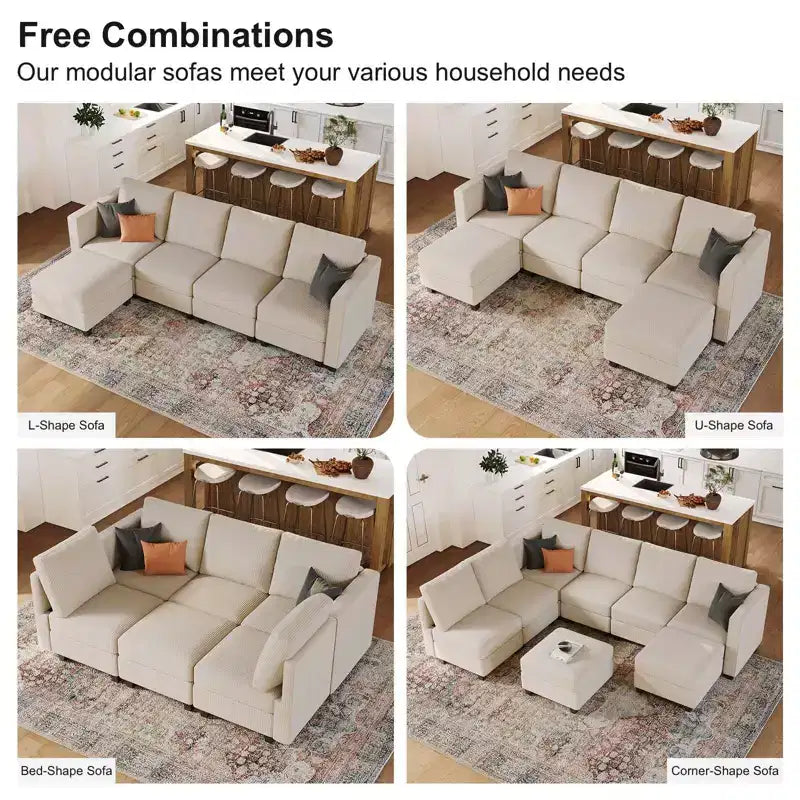 Canapé-lit modulaire sectionnel Belffin avec pouf de rangement, canapé sectionnel de luxe en velours côtelé avec méridienne convertible moderne pour salon