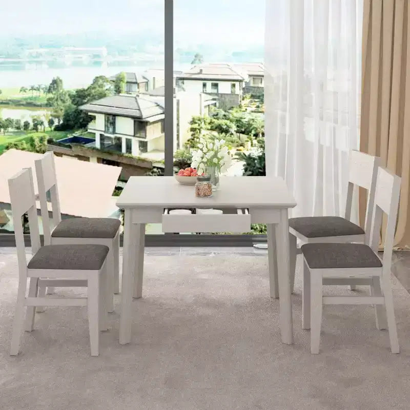 Table à manger carrée rustique VECELO, table en bois d'hévéa avec 4 pieds en bois massif et 2 tiroirs de rangement pour la cuisine, gris