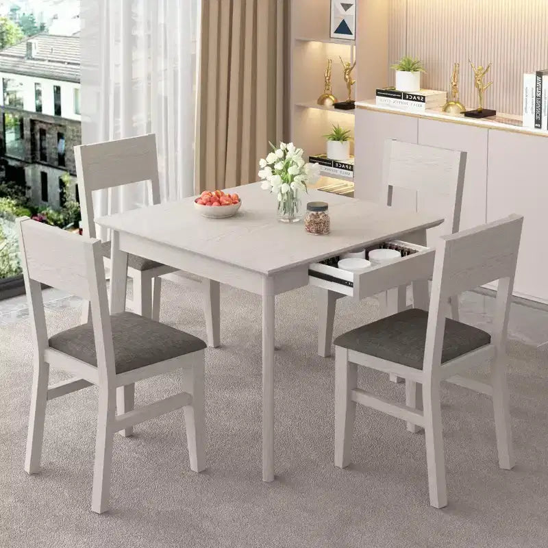 Table à manger carrée rustique VECELO, table en bois d'hévéa avec 4 pieds en bois massif et 2 tiroirs de rangement pour la cuisine, gris