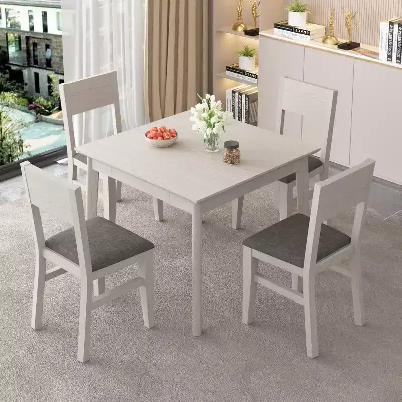 Table à manger carrée rustique VECELO, table en bois d'hévéa avec 4 pieds en bois massif et 2 tiroirs de rangement pour la cuisine, gris