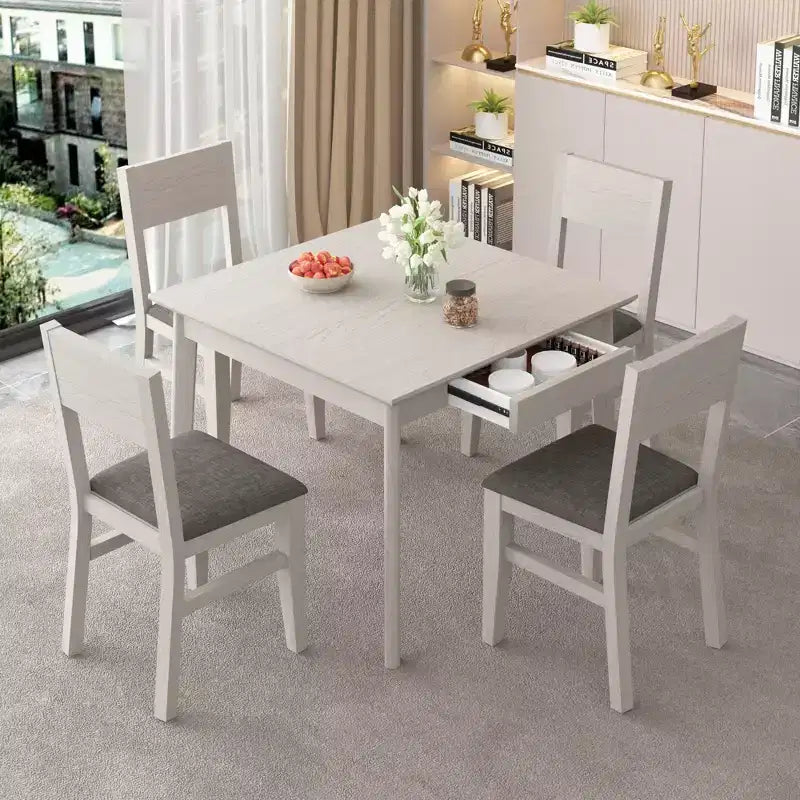 Table à manger carrée rustique VECELO, table en bois d'hévéa avec 4 pieds en bois massif et 2 tiroirs de rangement pour la cuisine, gris