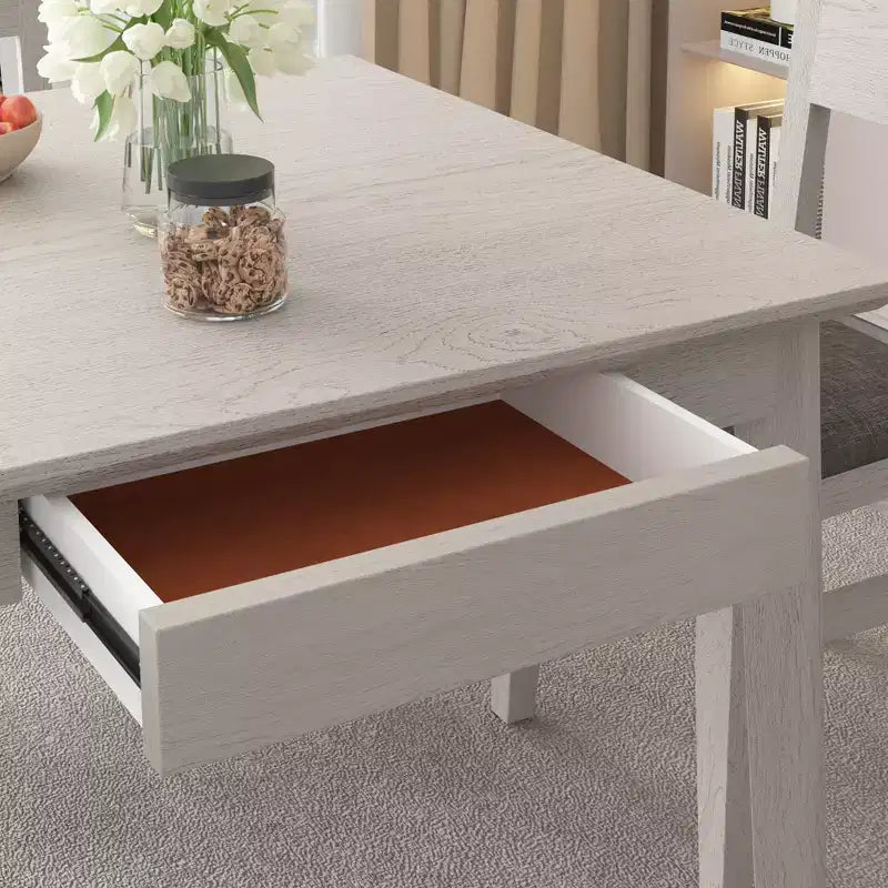 Table à manger carrée rustique VECELO, table en bois d'hévéa avec 4 pieds en bois massif et 2 tiroirs de rangement pour la cuisine, gris
