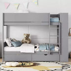 Lit superposé jumeau sur jumeau/double sur double avec 2 tiroirs et armoire multicouche, solution de rangement peu encombrante, blanc/gris - ModernLuxe