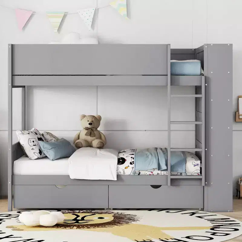 Lit superposé jumeau sur jumeau/double sur double avec 2 tiroirs et armoire multicouche, solution de rangement peu encombrante, blanc/gris - ModernLuxe