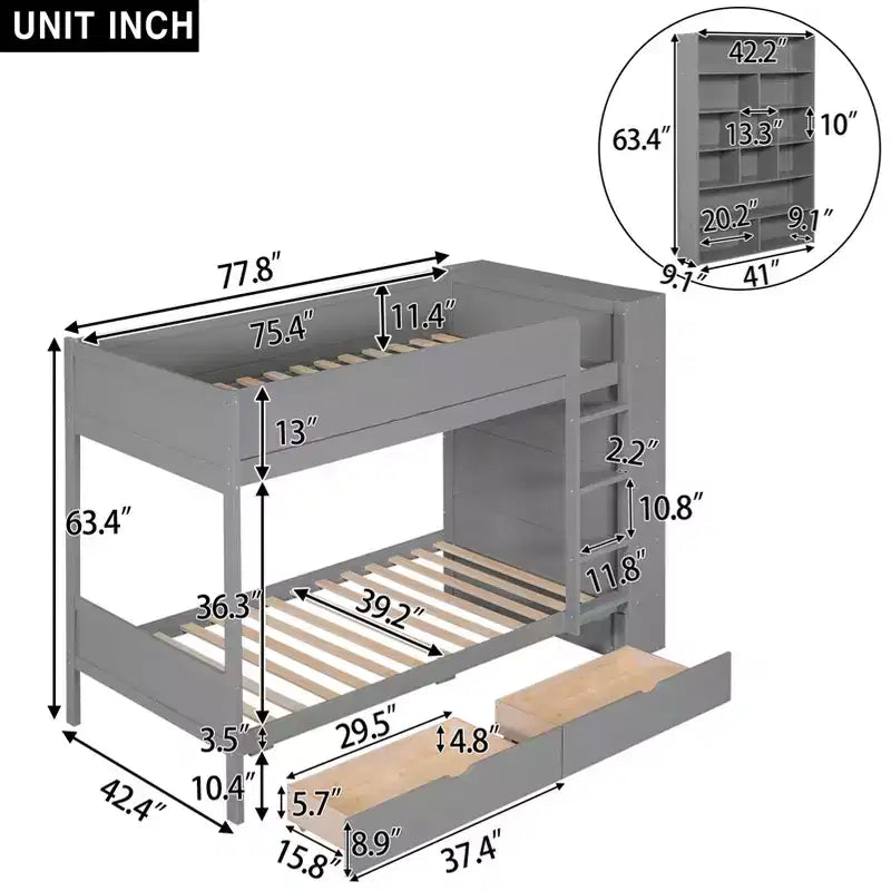 Lit superposé jumeau sur jumeau/double sur double avec 2 tiroirs et armoire multicouche, solution de rangement peu encombrante, blanc/gris - ModernLuxe