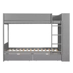 Lit superposé jumeau sur jumeau/double sur double avec 2 tiroirs et armoire multicouche, solution de rangement peu encombrante, blanc/gris - ModernLuxe