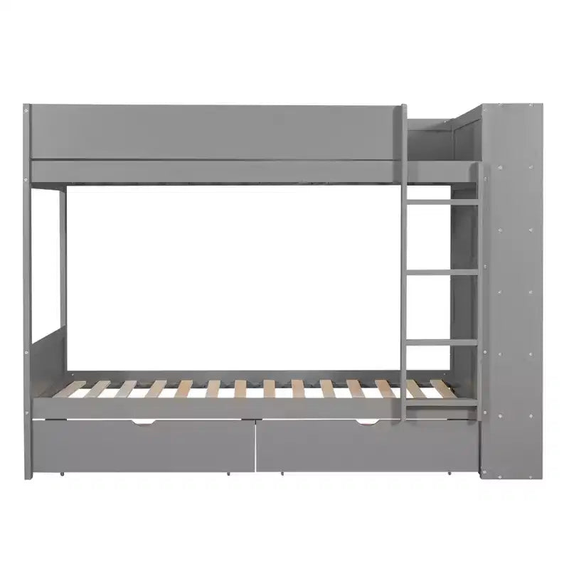 Lit superposé jumeau sur jumeau/double sur double avec 2 tiroirs et armoire multicouche, solution de rangement peu encombrante, blanc/gris - ModernLuxe