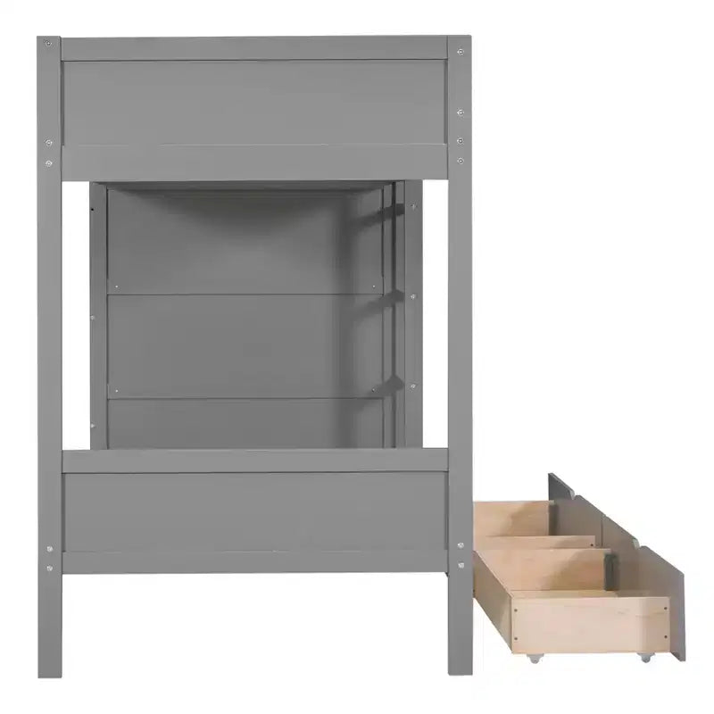 Lit superposé jumeau sur jumeau/double sur double avec 2 tiroirs et armoire multicouche, solution de rangement peu encombrante, blanc/gris - ModernLuxe