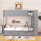 Lit superposé jumeau sur jumeau/double sur double avec 2 tiroirs et armoire multicouche, solution de rangement peu encombrante, blanc/gris - ModernLuxe