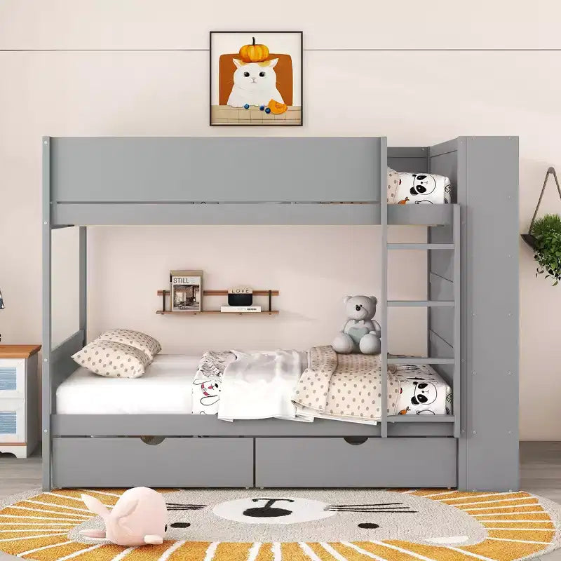 Lit superposé jumeau sur jumeau/double sur double avec 2 tiroirs et armoire multicouche, solution de rangement peu encombrante, blanc/gris - ModernLuxe