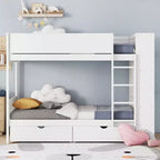 Lit superposé jumeau sur jumeau/double sur double avec 2 tiroirs et armoire multicouche, solution de rangement peu encombrante, blanc/gris - ModernLuxe