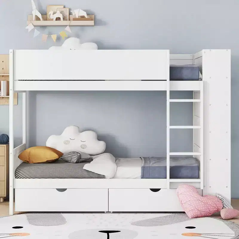 Lit superposé jumeau sur jumeau/double sur double avec 2 tiroirs et armoire multicouche, solution de rangement peu encombrante, blanc/gris - ModernLuxe
