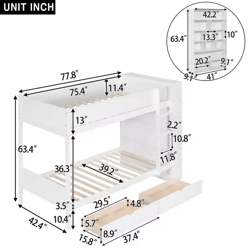 Lit superposé jumeau sur jumeau/double sur double avec 2 tiroirs et armoire multicouche, solution de rangement peu encombrante, blanc/gris - ModernLuxe