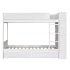 Lit superposé jumeau sur jumeau/double sur double avec 2 tiroirs et armoire multicouche, solution de rangement peu encombrante, blanc/gris - ModernLuxe