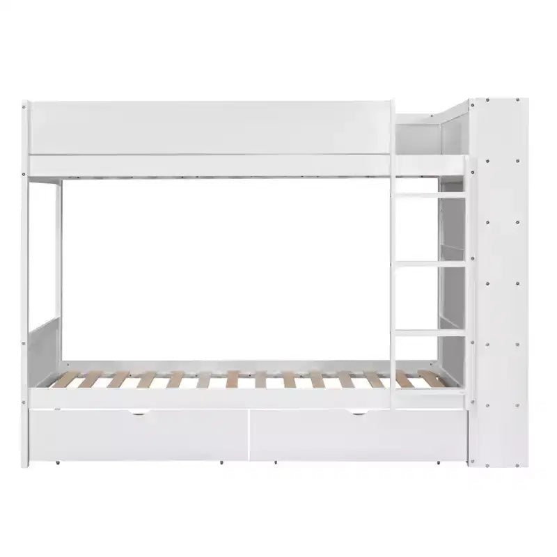 Lit superposé jumeau sur jumeau/double sur double avec 2 tiroirs et armoire multicouche, solution de rangement peu encombrante, blanc/gris - ModernLuxe