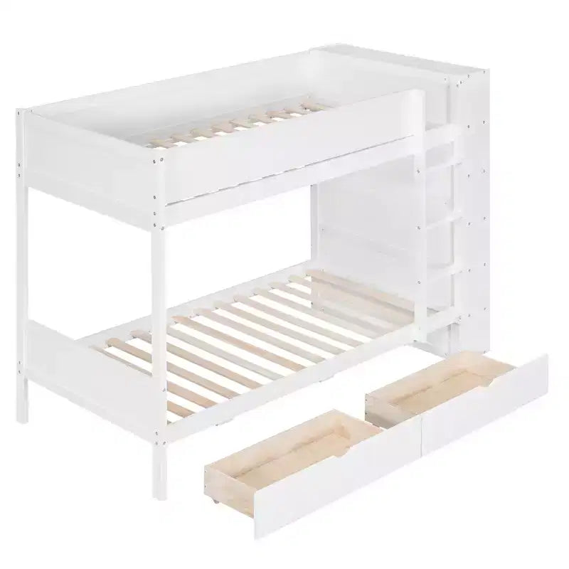 Lit superposé jumeau sur jumeau/double sur double avec 2 tiroirs et armoire multicouche, solution de rangement peu encombrante, blanc/gris - ModernLuxe