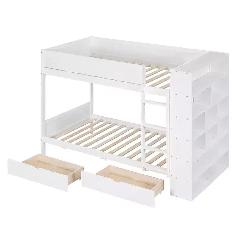 Lit superposé jumeau sur jumeau/double sur double avec 2 tiroirs et armoire multicouche, solution de rangement peu encombrante, blanc/gris - ModernLuxe