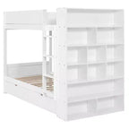 Lit superposé jumeau sur jumeau/double sur double avec 2 tiroirs et armoire multicouche, solution de rangement peu encombrante, blanc/gris - ModernLuxe