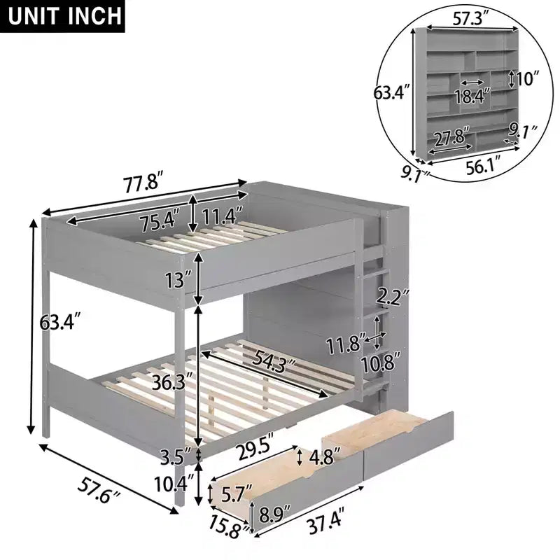 Lit superposé jumeau sur jumeau/double sur double avec 2 tiroirs et armoire multicouche, solution de rangement peu encombrante, blanc/gris - ModernLuxe