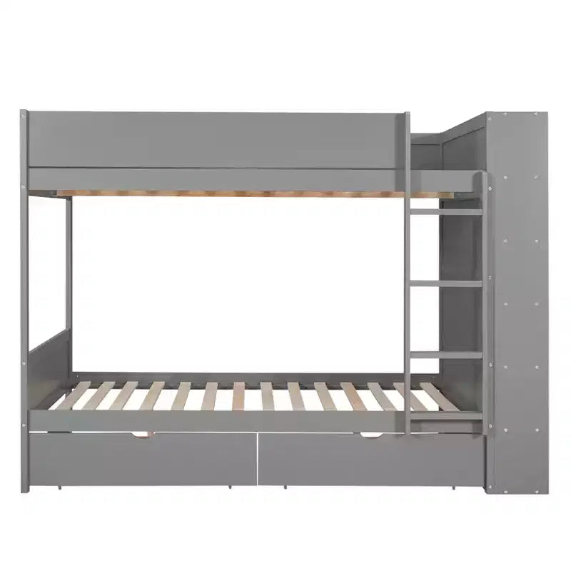 Lit superposé jumeau sur jumeau/double sur double avec 2 tiroirs et armoire multicouche, solution de rangement peu encombrante, blanc/gris - ModernLuxe